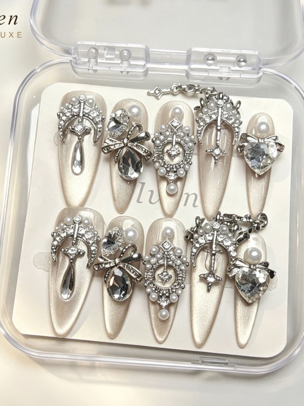 Luxury champagne stiletto handmade press on nails with pearls & chain charms